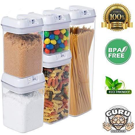 5 pc. Set Clear Food Containers w Airtight Lids Canisters for Kitchen & Pantry Storages - Storage for Cereal, Flour, Cooking - BPA-Free Plastic White Lid by Guru Products