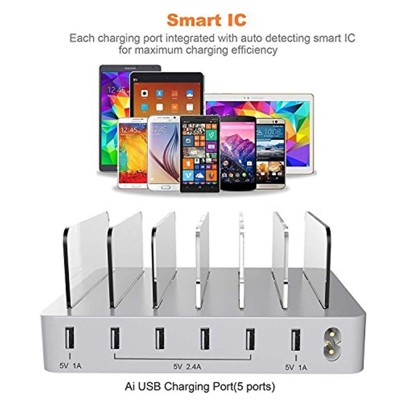 BESTHING Fast Charging Station, 6 Port USB Charging Station, Desktop Charging Stand Organizer, Phone Docking Station Removable Baffles Compatible for iPhone, iPad, Samsung, Tablet, Kindle (Silver)