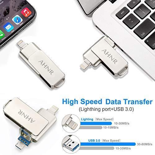 USB Flash Drives for iPhone 128GB [3-in-1] OTG Jump Drive, AHNR Thumb Drives External Micro USB Memory Storage Pen Drive, USB 3.0 Flash Memory Stick for iPhone, iPad, iOS, Android, PC(Silver)