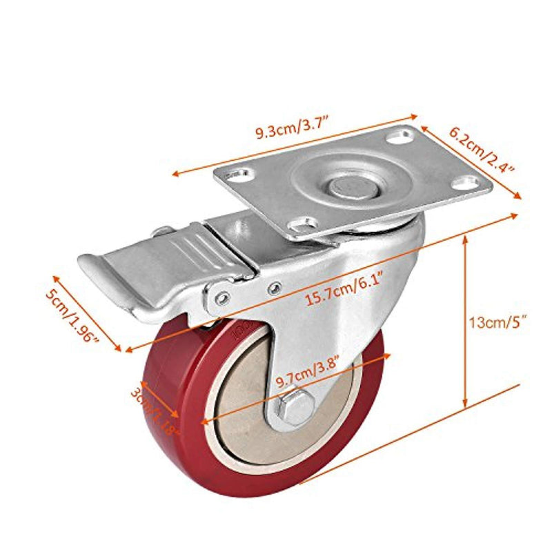 4" Swivel Rubber Caster Wheels with Safety Dual Locking Heavy Duty 1200lbs Casters Set of 4 with Brake