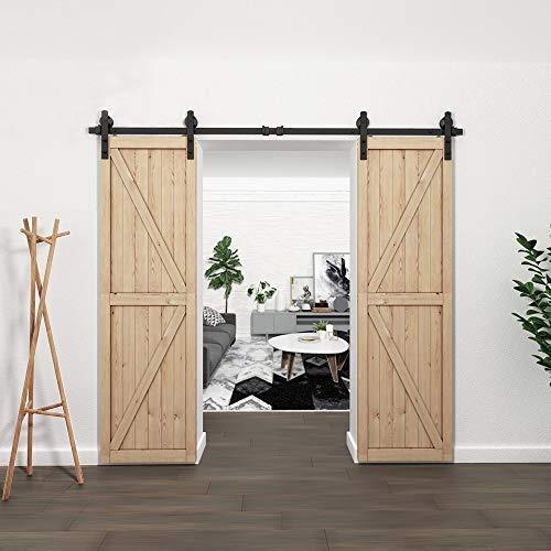 HomLux 8ft Heavy Duty Sturdy Sliding Barn Door Hardware Kit, Double Door-Smoothly and Quietly, Easy to Install and Reusable - Fit 1 3/8-1 3/4" Thickness & 24" Wide Door Panel, Black(I Shape Hanger)