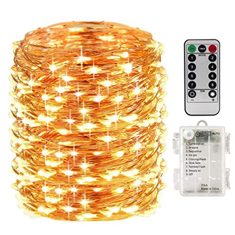 ProGreen LED String Lights 66ft 200 LEDs, Fairy String Lights Battery Operated Waterproof 8 Modes Warm White String Lights Copper Wire Firefly Lights Remote Control Christmas Lights