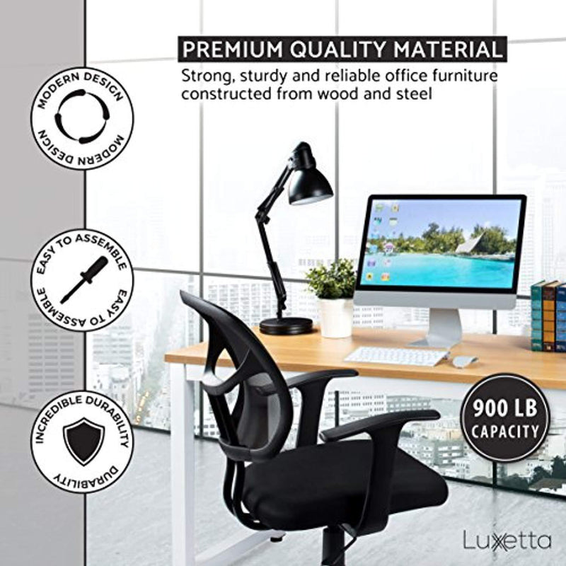 Luxxetta Office Computer Desk – 55” x 23” White Laminated Wooden Particleboard Table and Black Powder Coated Steel Frame - Work or Home – Easy Assembly - Tools and Instructions Included