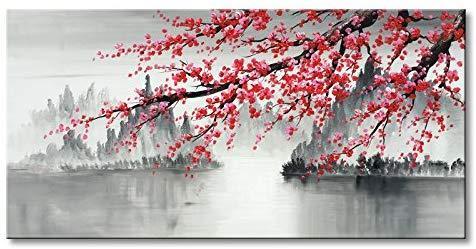 Traditional Chinese Painting Hand Painted Plum Blossom Canvas Wall Art Modern Black and White Landscape Oil Painting for Living Room Bedroom Office Decoration (48x24 inch)