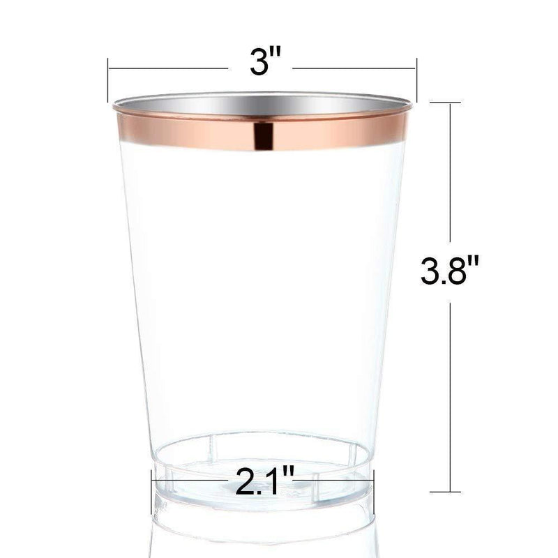 100 Count - 12 Oz Rose Gold Plastic Cups - Clear Plastic Tumblers, Fancy Wedding Cups, Premium Party Cups with Elegant Rim, Disposable Party Cups