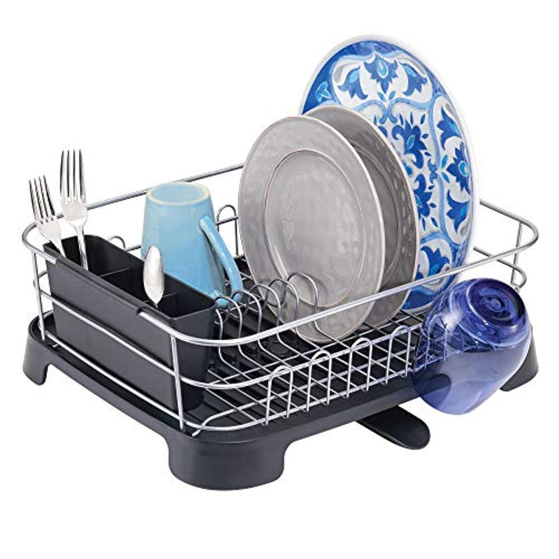 mDesign Large Kitchen Countertop, Sink Dish Drying Rack with Removable Cutlery Tray and Drainboard with Adjustable Swivel Spout - 3 Pieces, Silver Wire/Black Plastic Cutlery Caddy and Drainboard