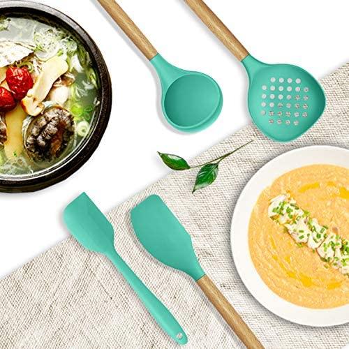 14 Pcs Silicone Cooking Utensils Kitchen Utensil Set - 446°F Heat Resistant,Turner Tongs,Spatula,Spoon,Brush,Whisk. Wooden Handles Gray Kitchen Gadgets Tools Set for Nonstick Cookware (BPA Free)