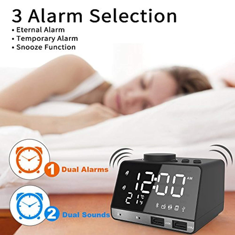 SAPE Alarm Clock for Bedrooms with Dual Alarm, Snooze, Bluetooth Speaker, FM Radio, AUX TF Card Play, Dual USB Charger Port, Temperature Function