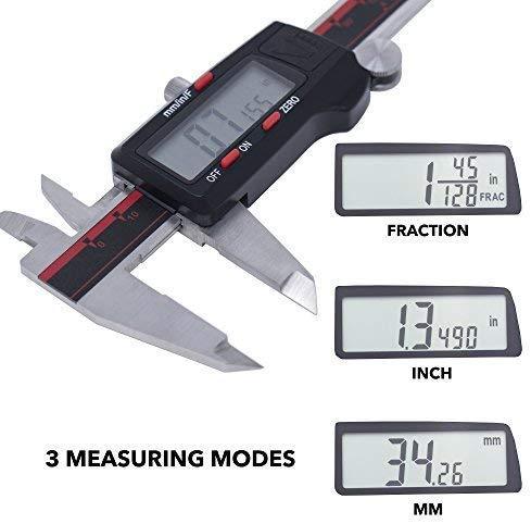 VINCA DCLA-0605 Quality Electronic Digital Vernier Caliper Inch/Metric/Fractions Conversion 0-6 Inch/150 mm Stainless Steel Body Red/Black Extra Large LCD Screen Auto Off Featured Measuring Tool