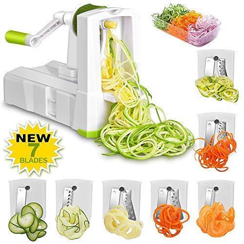 7-Blade Spiralizer Vegetable Slicer, Vegetable Spiralizer Chopper Plus Free Brash&Container &Lid with 7/420-grade Blade, Powerful Anti-Slip Sucker Spiral Slicer for Zucchini Noodles&Veggie Pasta Maker