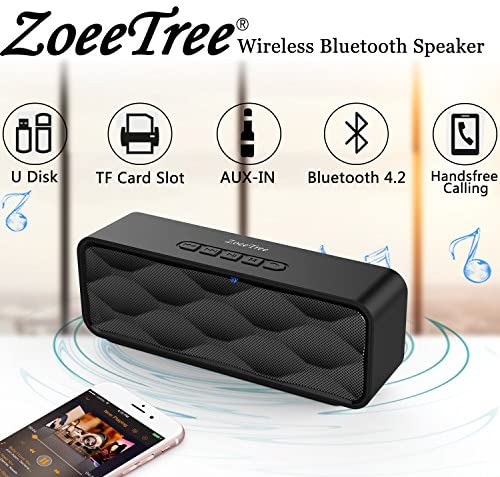 ZoeeTree S1 Wireless Bluetooth Speaker, Outdoor Portable Stereo Speaker with HD Audio and Enhanced Bass, Built-in Dual Driver Speakerphone, Bluetooth 4.2, Handsfree Calling, TF Card Slot - Black Black Black