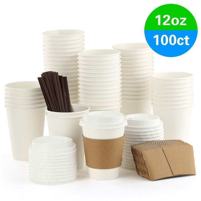 100 Pack 12 oz Disposable Hot Paper Coffee Cups with Lids, Sleeves and Straws to Go - White Drink Hot Cup from Eupako