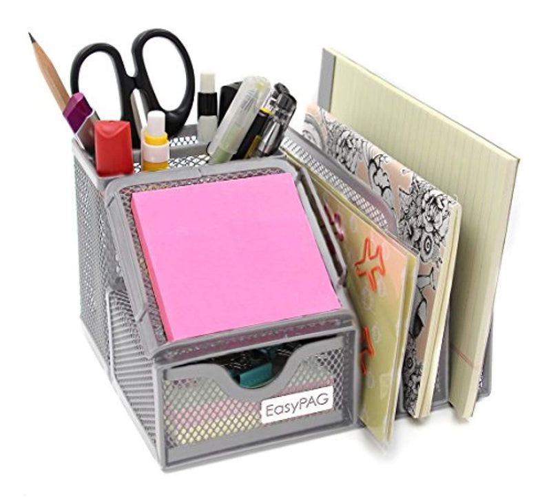 EasyPAG Mesh Collection Desk Organizer 3 Letter Sorter with Drawer,6.5 x 5.5 x 4.25 inch,Silver