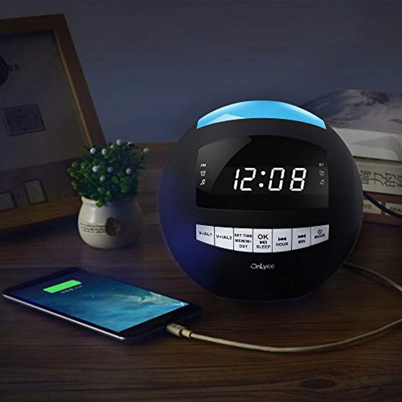 OnLyee Bluetooth Alarm Clock Radio, AM FM Radio, Digital LED, 7 Colored Night Light, AUX, Speaker, Dual USB Chargers, Dual Alarms - Kids Desk Kitchen Bedroom and Heavy Sleepers