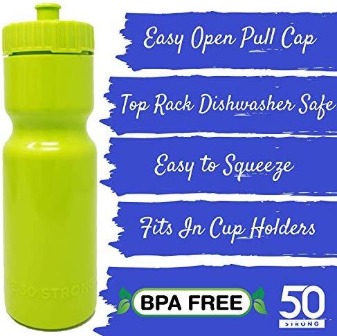 50 Strong Sports Squeeze Water Bottles - Set of 6 - Team Pack – 22 oz. BPA Free Bottle Easy Open Push/Pull Cap – Made in USA - Multiple Colors Available