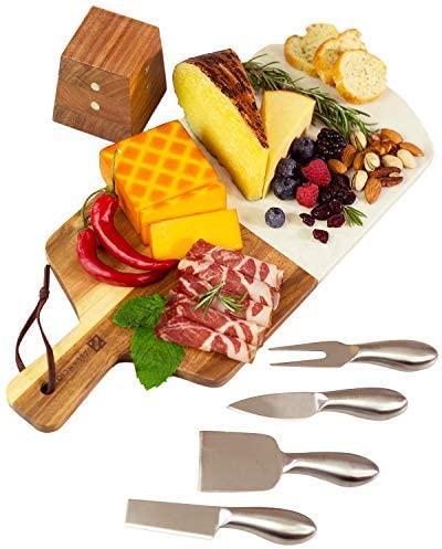 Home Perspective Slate Cheese Board Set, 10 Piece Set Includes 4 Stainless Steel Cheese Tools, Premium Acacia Serving Tray with Slate Board, and Porcelain Olive Dish