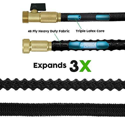 50ft Expandable Hose - NEW Heavy Duty Expandable Garden Hose - Triple Latex Core, 3/4 Brass Connectors, Extra Strength Fabric, Expanding Garden Hose with 9 Function Spray Nozzle - 1 Year Warranty