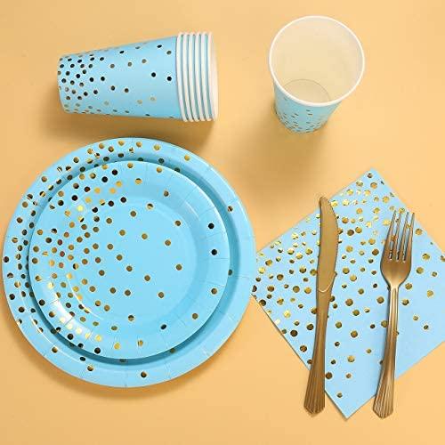 Duocute White and Gold Party Supplies 150Pcs Golden Dot Disposable Party Dinnerware Includes Paper Plates, Napkins, Knives, Forks, 12oz Cups, Banner, for Bridal Shower, Engagement, Wedding, Serves 25