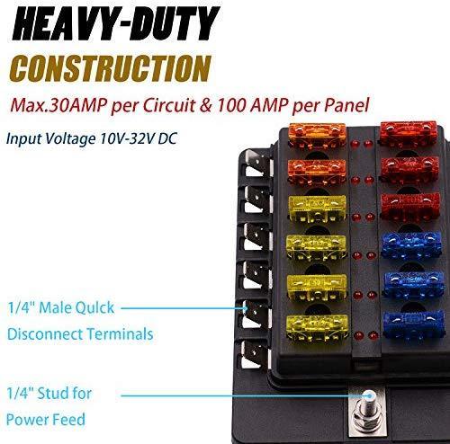 BlueFire 12 Way 30A 32V Blade Fuse Box Board with 24PCS Fuse + LED Warning Light for Car/Marine Boats/Automotive/Trike