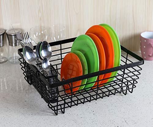 TQVAI Kitchen Dish Drainer Drying Rack with Full-Mesh Silverware Storage Basket, Black