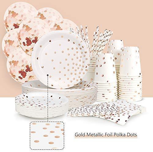 300PCS Rose Gold Paper Party Supplies - Disposable Paper Plates Dinnerware Set Rose Gold Dots 50 Dinner Plates 50 Dessert Plates 50 Cups 50 Napkins 50 Straws 50 Balloons Birthday Party Wedding Holiday Rose Gold