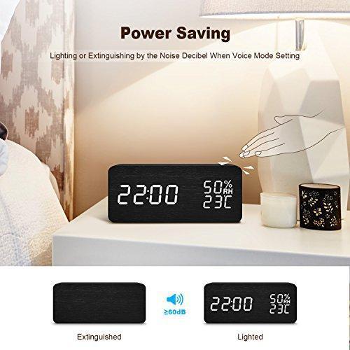 BlaCOG Alarm Clock Digital Desk Wooden Alarm Clock Upgraded with Time Temperature, Adjustable Brightness, 3 Set of Alarm and Voice Control - Bamboo