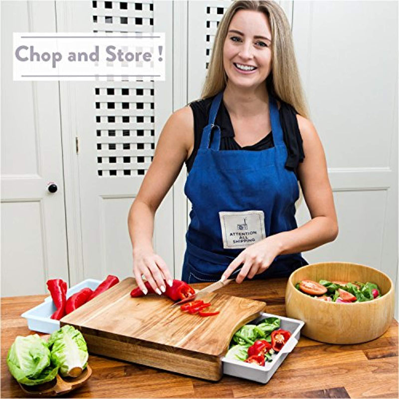 Cutting Board with Trays - Organic Acacia Wood Butcher Block with Containers White Pale Blue