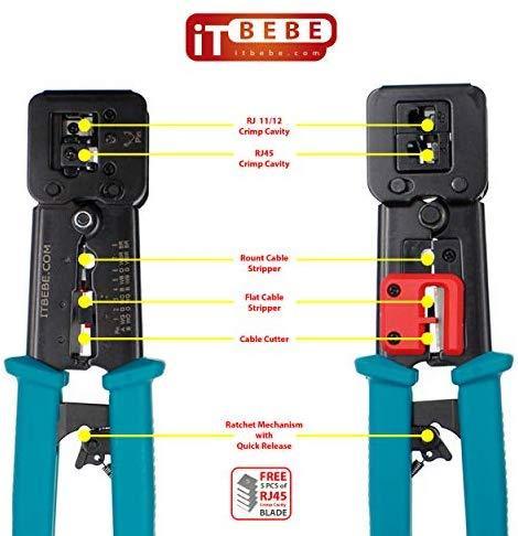 ITBEBE RJ45 Crimping Tool Made of Hardened Steel with Wire Cutter Stripping Blades and Textured Grips (RJ45 CRIMPER TURQUOISE-B)