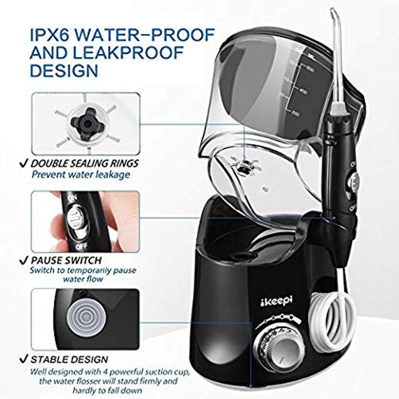 Ikeepi Professional Oral Irrigator Dental Water Flosser, 7 Tips, Large Water Tank, 10 Water Pressure Levels, Easy Operation, Compact Design