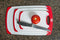 CC Boards 3-Piece Nonslip Cutting Board Set: Red and white plastic kitchen carving boards, each with juice groove and nonskid handle; dishwasher safe