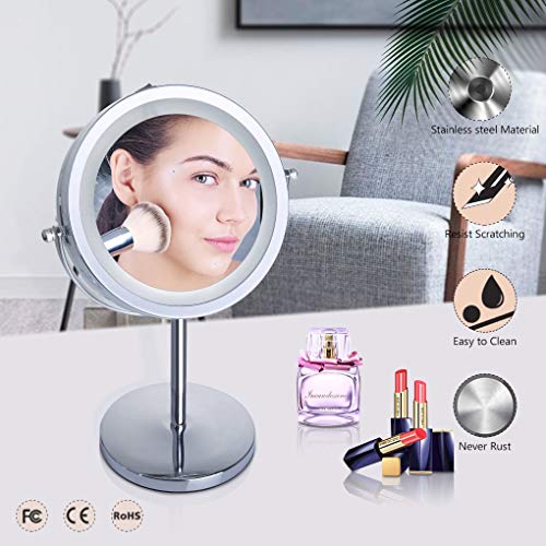 Benbilry Lighted Makeup Mirror - LED Double Sided 1x/10x Magnification Cosmetic Mirror,7 Inch Battery-Powered 360 Degree Rotation Vanity Mirror with On/Off Push-Button