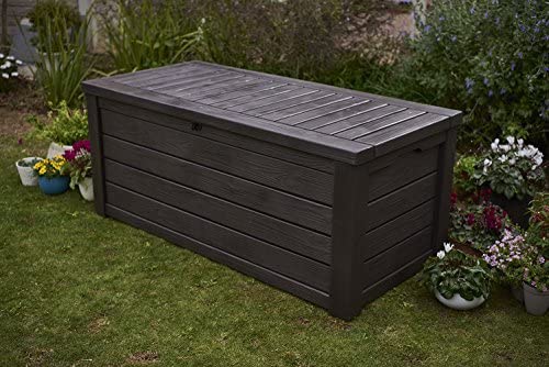 Keter Westwood 150 Gallon Resin Large Deck Box - Organization and Storage for Patio Furniture, Outdoor Cushions, Garden Tools and Pool Toys, Dark Grey