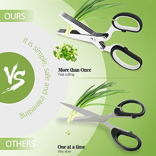 Herb Scissors Set with 5 Multi Stainless Steel Blades, Safe Cover and Cleaning Comb, Multipurpose Kitchen Chopping Shear, Mincer, Sharp Dishwasher Safe Kitchen Gadget, Culinary Cutter Chopper, Green