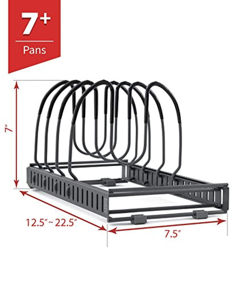 7+ Pans - BetterThingsHome Expandable Pan Organizer Rack: Can Be Extended to 22.25", Total 7 Adjustable Compartments, Pantry Cupboard Bakeware Lid Plate Holder