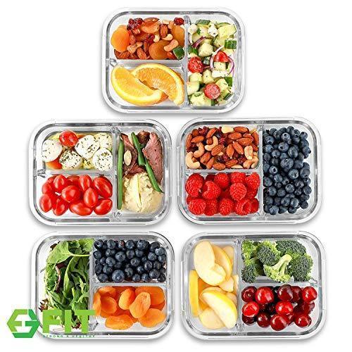 3 Compartment Glass Meal Prep Containers [5 Pack, 32 Oz] - Glass Lunch Containers, Food Storage Containers with Lids, Food Prep Containers, Glass Bento Box for Kids & Adults, Bento Lunch Box