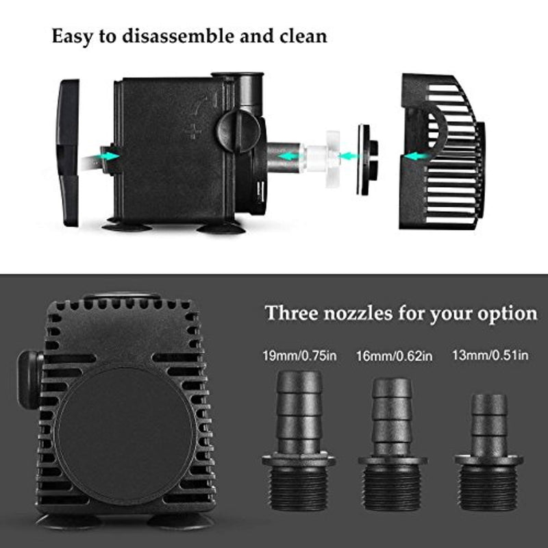 Homasy 320GPH (1200L/H, 22W) Submersible Pump, Ultra Quiet Fountain Water Pump with 4.1ft Power Cord, 3 Nozzles for Aquarium, Fish Tank, Pond, Statuary