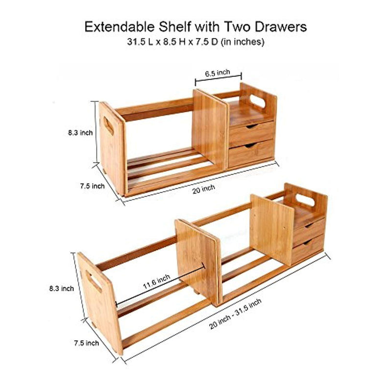 Natural Bamboo Desk Organizer with Extendable Storage and Two Drawers for Office and Home, Expandable Desk Tidy Bamboo Bookshelf