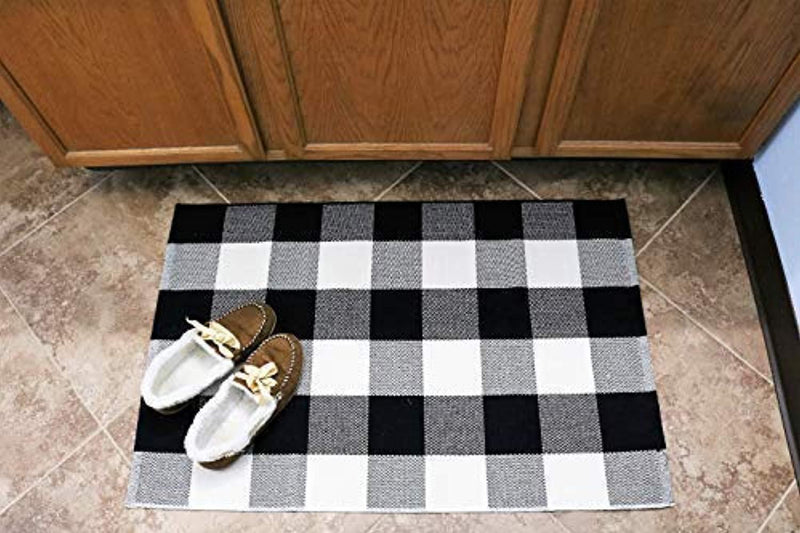 Cotton Buffalo Plaid Rugs Black and White Checkered Rug Welcome Door Mat (23.6"x35.4") Rug for Kitchen Carpet Bathroom Outdoor Porch Laundry Living Room Braided Throw Mat Washable Woven Buffalo Check