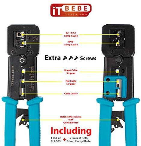 ITBEBE RJ45 Crimping Tool Made of Hardened Steel with Wire Cutter Stripping Blades and Textured Grips (RJ45 CRIMPER TURQUOISE-B)