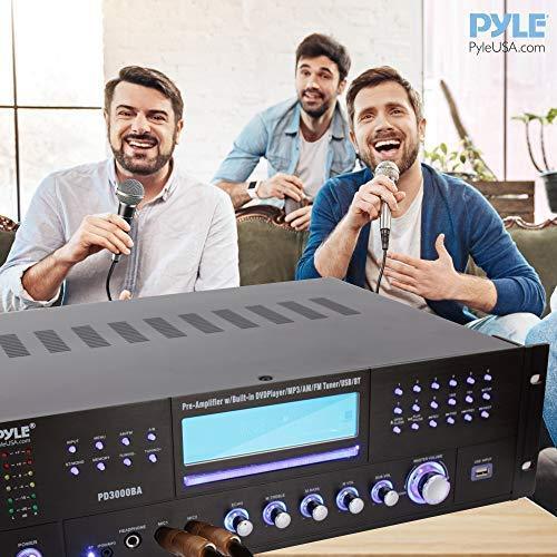 4-Channel Wireless Bluetooth Power Amplifier - 1000W Stereo Speaker Home Audio Receiver w/FM Radio, USB, Headphone, 2 Microphone w/Echo, Front Loading CD DVD Player, LED, Rack Mount - Pyle PD1000BA