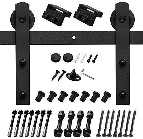 HomLux 8ft Heavy Duty Sturdy Sliding Barn Door Hardware Kit, Double Door-Smoothly and Quietly, Easy to Install and Reusable - Fit 1 3/8-1 3/4" Thickness & 24" Wide Door Panel, Black(I Shape Hanger)