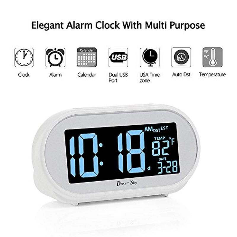 DreamSky Auto Time Set Alarm Clock with Snooze and Dimmer, Charging Station/Phone Charger with Dual USB Port .Auto DST Setting, 4 Time Zone Optional, Battery Backup.