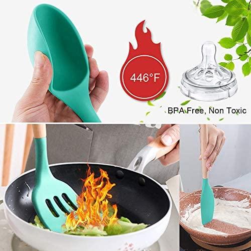 14 Pcs Silicone Cooking Utensils Kitchen Utensil Set - 446°F Heat Resistant,Turner Tongs,Spatula,Spoon,Brush,Whisk. Wooden Handles Gray Kitchen Gadgets Tools Set for Nonstick Cookware (BPA Free)