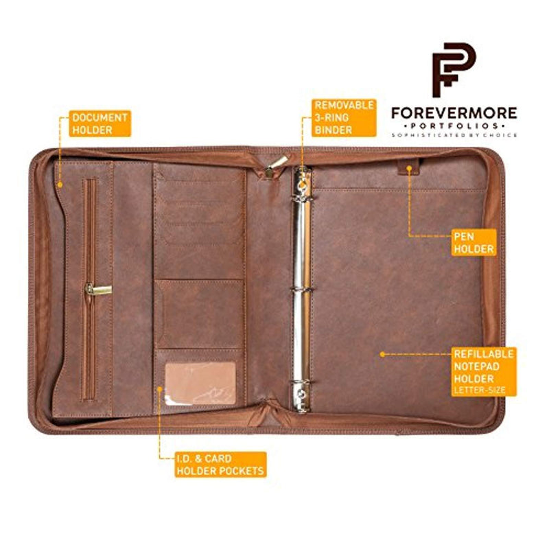 Forevermore Portfolio Padfolio with Zippered Closure, Removable 3 Ring Binder & Bonus Letter Size Writing Pad/Interview & Resume Document Organizer/Notebook & Business Card Holder, Brown