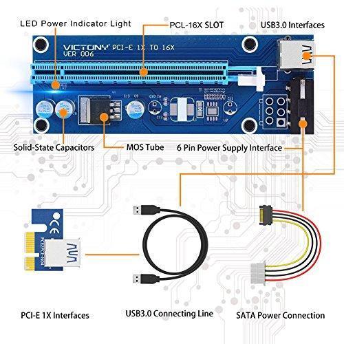 VICTONY 6-Pack PCI-E Riser 1x to 16x Powered Riser Adapter Card w/ 60cm USB 3.0 Extension Cable & MOLEX