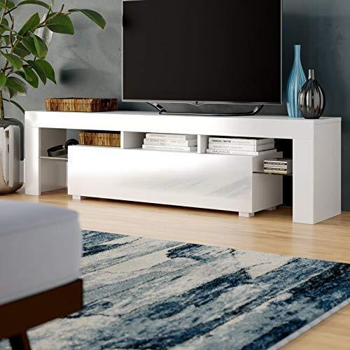 KingSo TV Stand with LED Lights, Modern TV Stand with Open Storage Shelf & Drawers, High Gloss TV Stand Living Room Furniture White