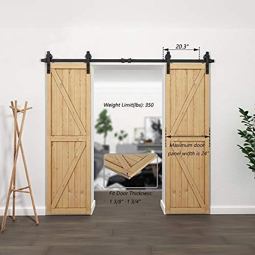 HomLux 8ft Heavy Duty Sturdy Sliding Barn Door Hardware Kit, Double Door-Smoothly and Quietly, Easy to Install and Reusable - Fit 1 3/8-1 3/4" Thickness & 24" Wide Door Panel, Black(I Shape Hanger)