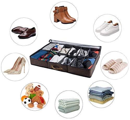 ACMETOP Extra-Large Under Bed Shoe Storage Organizer, Sturdy Built-in Structure & Durable Linen, Underbed Storage Solution Fits Men's Size 13 Sneaker and Women's 6'' High-Heels (Brown)