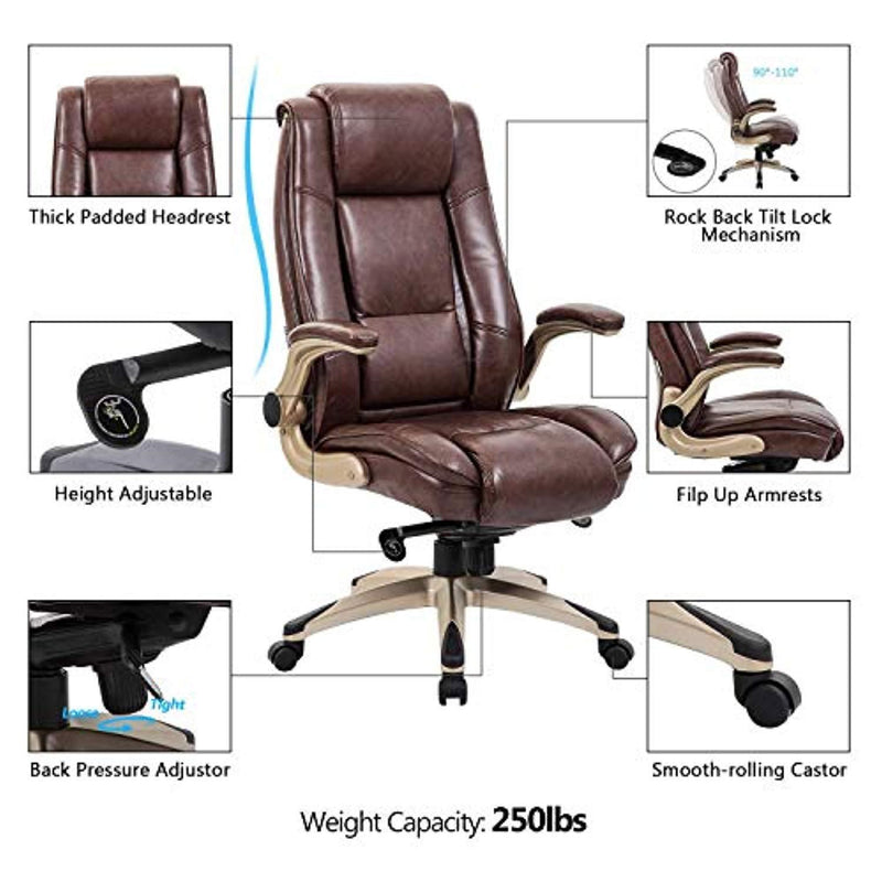 Worpson High Back Bonded Leather Executive Office Chair - Flip-up Arms, Adjustable Recline Locking Mechanism, Thick Padding and Lumbar Support Task Chair - Brown