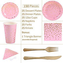 Duocute White and Gold Party Supplies 150Pcs Golden Dot Disposable Party Dinnerware Includes Paper Plates, Napkins, Knives, Forks, 12oz Cups, Banner, for Bridal Shower, Engagement, Wedding, Serves 25